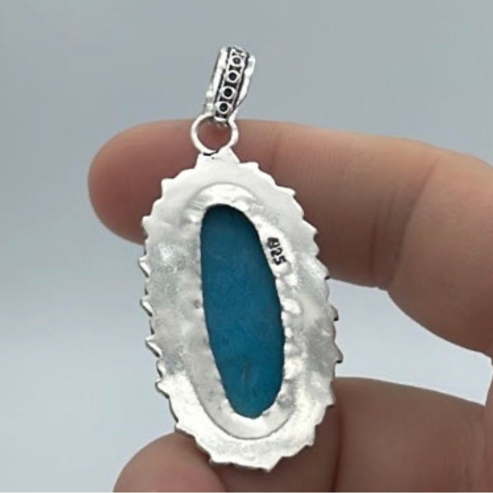 Turquoise 925 Stamped Silver Pendant - Picture 4 of 4